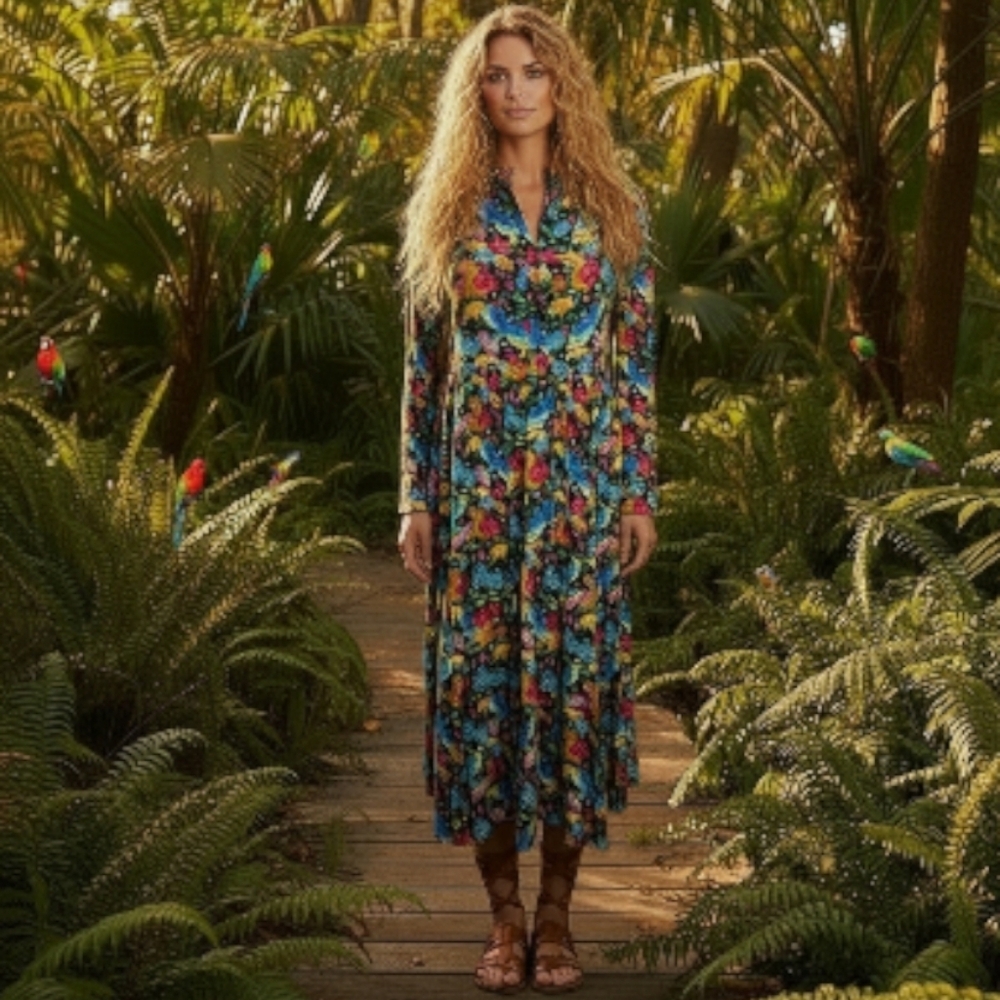 Briton Court Long Sleeve Button Button Front Floral Colorful Bohemian Maxi Dress